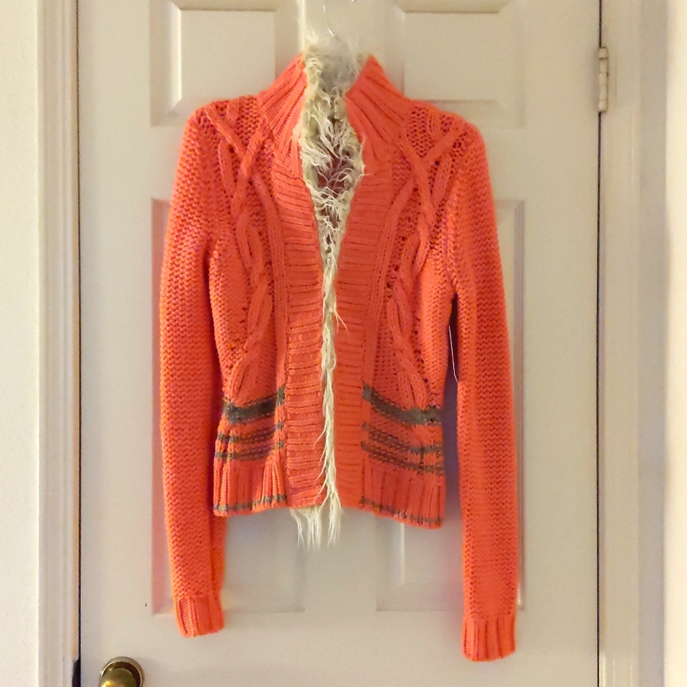 NWT. Free People Multi color/knitted pattern cardigan sweater with faux fur trim - Picture 1 of 8